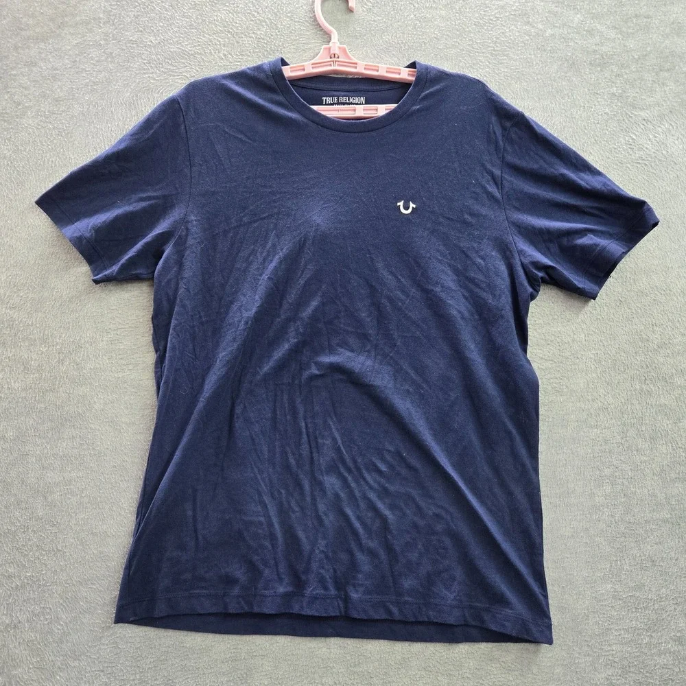 True‎ Religion Men Shirt L Blue Buddha Guitar Short Sleeve Cotton Logo
